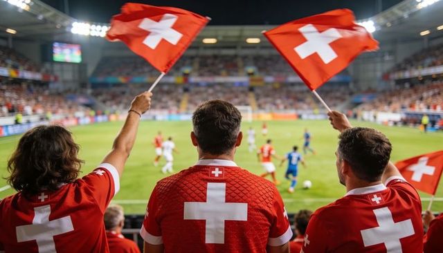 Swiss football fans waving flags in red jerseys with white crosses, cheering at night