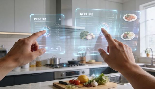Hands interacting with holographic ar recipe panels over modern kitchen countertop