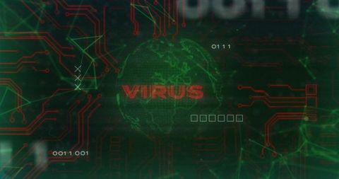 Glowing wireframe globe with red virus alert hud, neon cybersecurity malware concept
