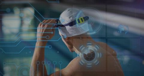 Male swimmer adjusting goggles with futuristic hud overlay for performance optimization
