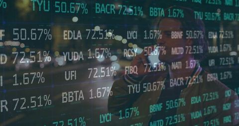 Man holding vape on neon-lit downtown street with semi-transparent stock ticker overlay
