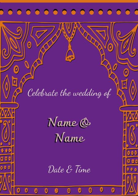 This vibrant Indian wedding invitation template features ornate patterns over a rich purple background, creating a festive and elegant look. The design incorporates traditional motifs, making it perfect for weddings that embrace cultural heritage. Ideal for wedding planners, couples, and designers looking to create custom wedding invitations celebrating Indian traditions. Easily customizable with names, date, and time details for any wedding celebration.