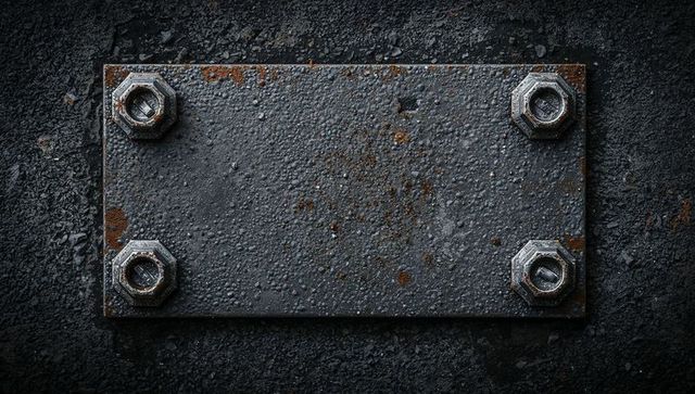 Rusted Rectangular Steel Plate with Textured Corrosion and Bolted Hex Nuts Closeup Grunge