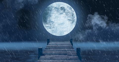 Rainy Night Wooden Jetty and Full Moon Over Calm Sea - Download Free Stock Images Pikwizard.com