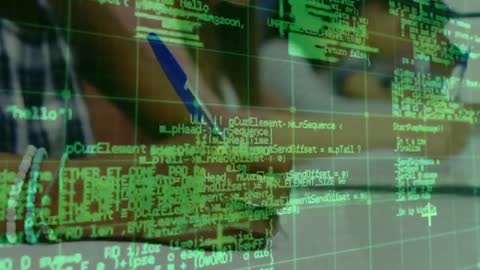 Female Developer Studying Code With Futuristic HUD Interface Overlay