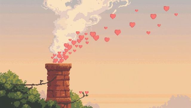 Pixel art chimney sending heart-shaped smoke into pastel sunset sky retro 8-bit romance
