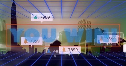 Winning Text with Social Media Icons Over Digital Cityscape