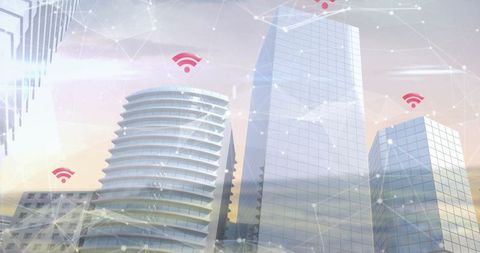Futuristic skyline with digital network overlay on modern buildings
