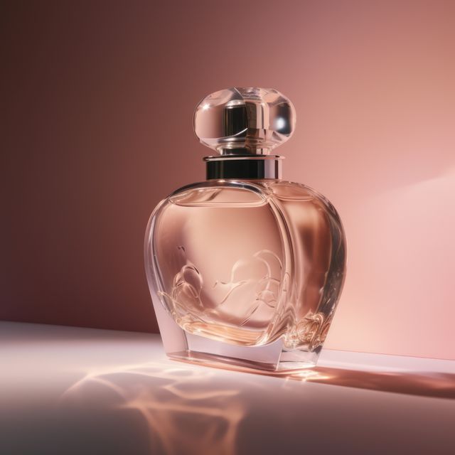 Curved glass perfume bottle in daylight against pink walls, created using generative ai technology. Scent, fragrances and luxury goods concept digitally generated image.