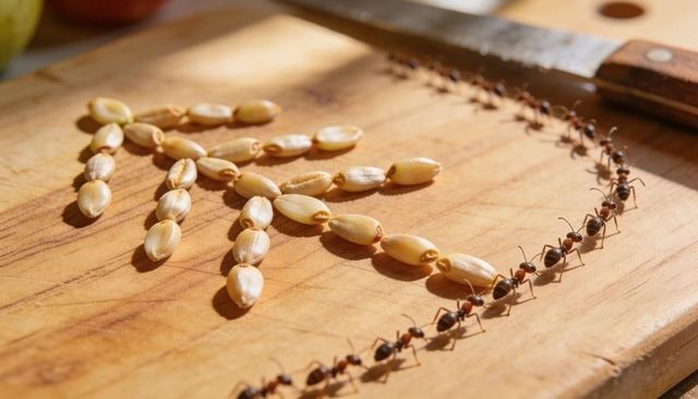Ants marching on wooden cutting board beside arrow of grain kernels near chef knife