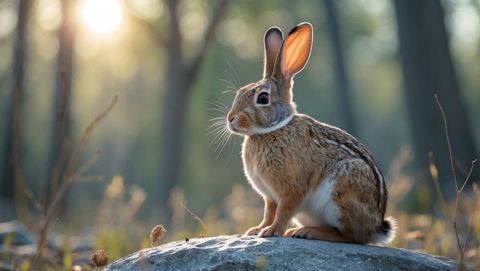 Wild cottontail rabbit basking in sunlight on forest rock