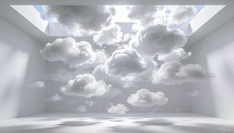 Floating cloud sculptures casting soft shadows in minimalist skylit gallery installation