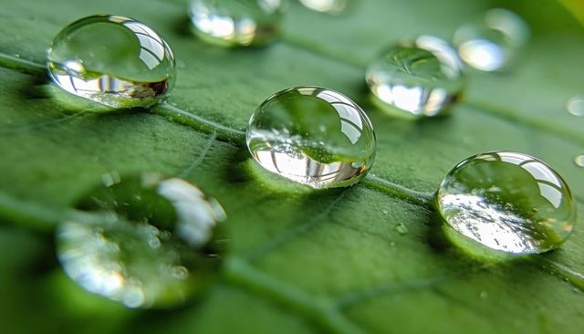Macro dew droplets reflecting sky on green leaf vein, crystal spheres with bokeh