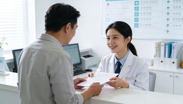 Female clinician handing forms to patient at clinic reception desk