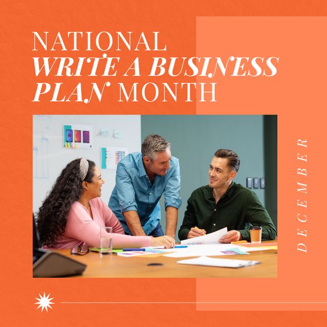 National write a business plan month, december text over caucasian coworkers discussing in meeting. Digital composite, teamwork, planning, goals, growth, office and paperwork concept.