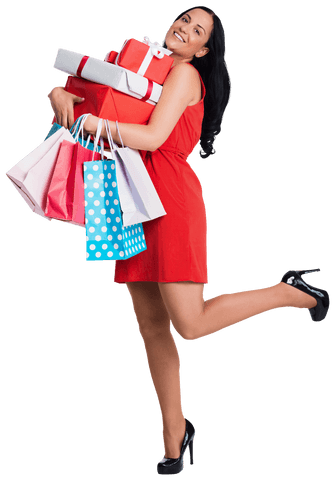 Happy Woman Carrying Gifts in a Red Dress, Transparent Background