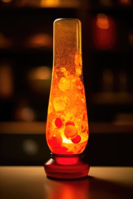 Orange and red lava lamp on table in dark room at night, created using generative ai technology. Retro, psychedelic, relaxation and interior decoration lamp concept digitally generated image.