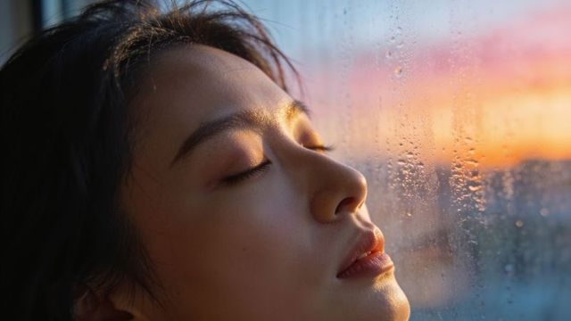 Asian woman resting eyes closed against rainy window at warm sunset, moody portrait