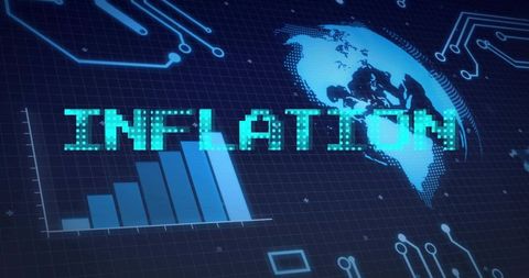 Pixelated INFLATION Digital Dashboard with Rising Bar Chart, Globe and Circuit Network