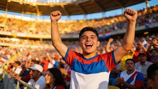 Young sports fan cheering with arms raised in sunlit stadium wearing red blue white jersey