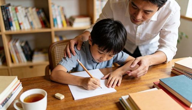 Father guiding son through homework at home desk helping writing skills and focus