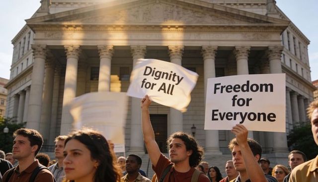 Dignity for all freedom for everyone protest on courthouse steps showing civic unity