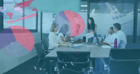 Team Collaborating with Statistical Data Projections in Modern Office