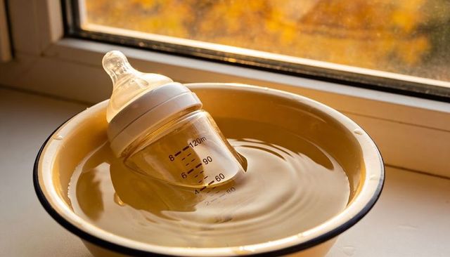 Sunlit baby bottle floating in warm enamel bowl on windowsill with autumn foliage glow