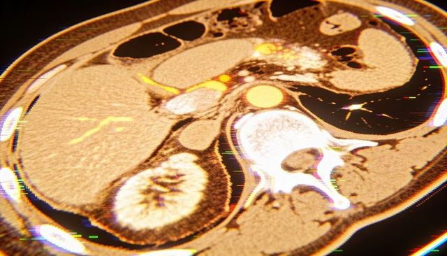 Axial ct abdominal cross-section highlighting liver kidney vasculature and spinal anatomy