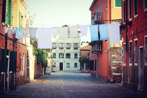 Old European Street with Historic Buildings and Laundry on Line