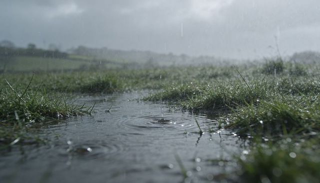 Rippling puddle in rain-soaked pasture with misty overcast sky and wet grass