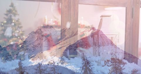 Snowy Mountain Scene with Warm Holiday Home Décor