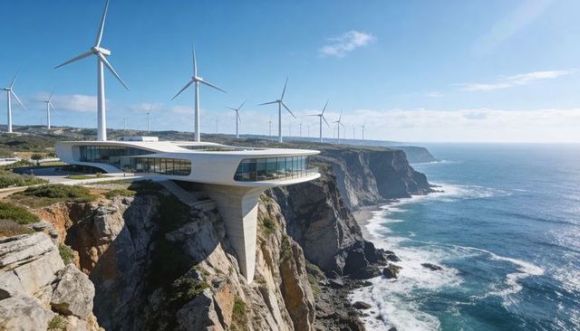 Futuristic cliffside cantilever villa with panoramic glass terrace overlooking ocean windfarm