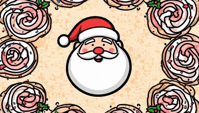 Smiling santa face with cinnamon roll sprinkles and holly border on vintage parchment