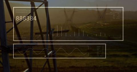 Irrigation pivot tower with futuristic data hud overlay at golden hour over farmland
