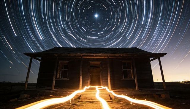 Long exposure star trails circling over abandoned wooden house with porch light trails
