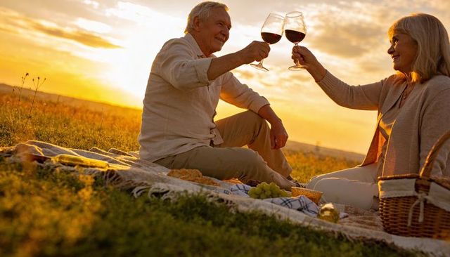 Golden hour romance: senior couple toasting red wine on meadow picnic at sunset