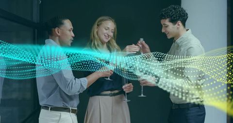 Colleagues toasting and pouring drinks in modern office with teal digital wave overlay