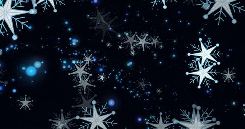 Falling Snowflakes with Blue Lights on Black Background