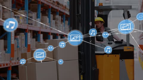 Warehouse Worker Navigating Connected Digital Network