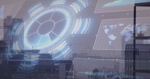 Holographic hud over urban skyline showing futuristic radial interface and data panels