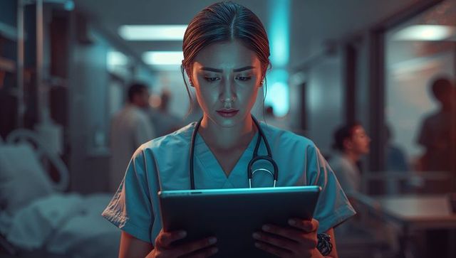 Healthcare Professional Analyzing Patient Data on Tablet in Hospital