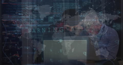 Hacker Using Laptop with Global Cybersecurity Data Visualization