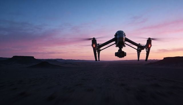Tactical Drone Hovering Over Desert Twilight with Rotating Rotors and Red Navigation Lights