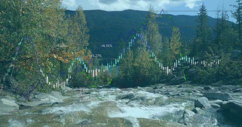 Data Visualization Overlay on Scenic Mountain Stream