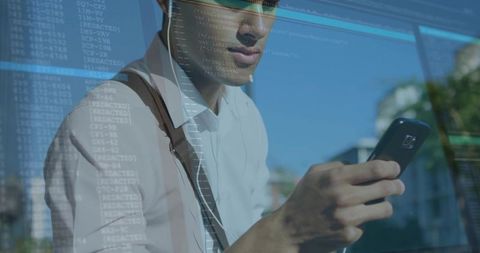 Businessman Outdoors Using Smartphone with Digital Interface Overlay