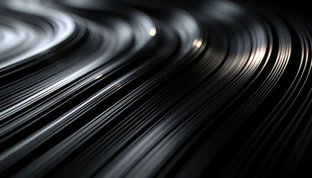 Glossy Grooved Surface with Curved Parallel Lines and Light Reflections Abstract Macro