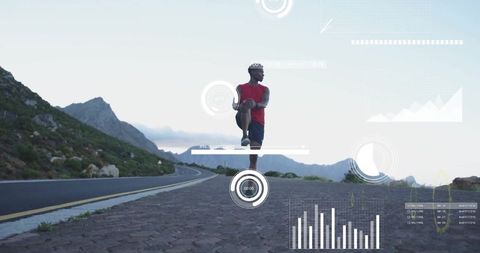 Athlete Stretching on Scenic Mountain Road with Infographic Overlays