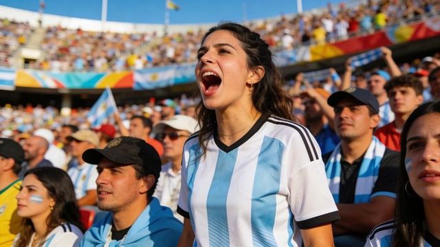 Passionate argentina fan cheering loudly in packed stadium amid colorful flags and banners