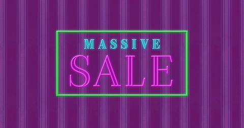 Glowing Massive Sale Text on Purple Curtain Background
